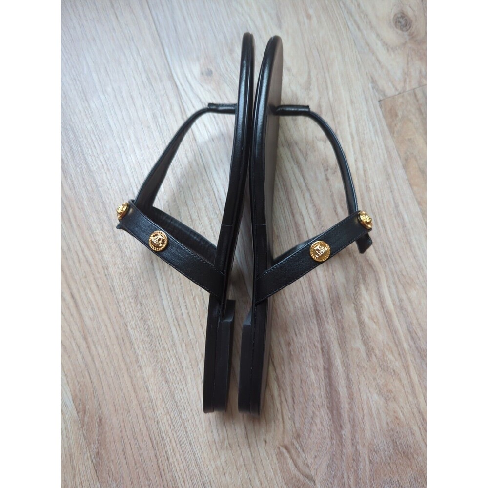 Versace Medusa Studs Flat Thong Sandals Black Leather Womens 10 EU 40 DST669CS - Picture 10 of 14
